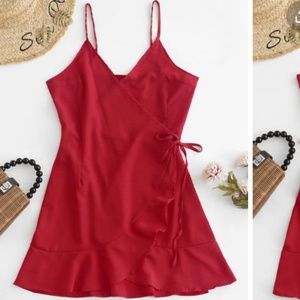 Red Ruffle Wrap Mini Dress - S